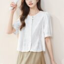 Round-neck Embroidered Shirt Womens Short-sleeve Top