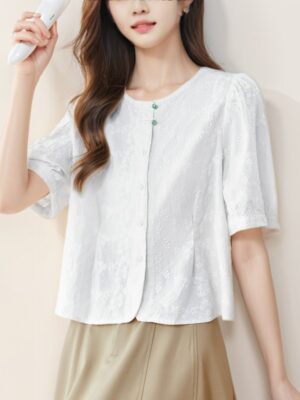 Round-neck Embroidered Shirt Womens Short-sleeve Top