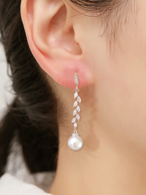 Women Marquise Leaf Tassel Drop Earrings, Simulated Pearl Rhodium Plated Long Dangle Ear Jewelry
