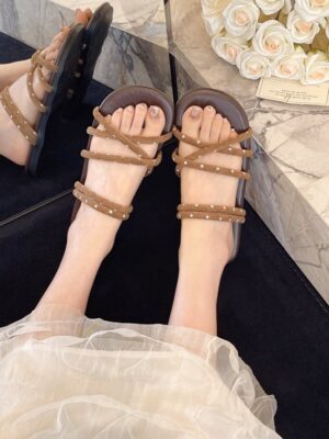 Women's Flat Slide Sandals New Summer French Woven Beach Shoes Comfortable Non Slip One Band Slides