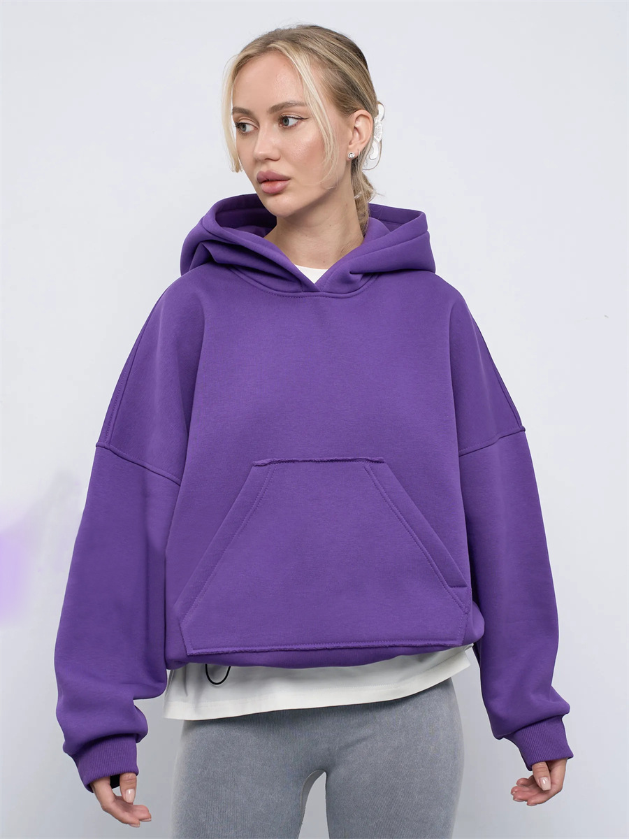 Womens Hooded Long-sleeve Cropped Pullover Hoodie With Pockets - Image 4