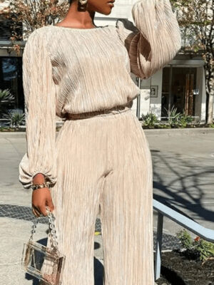 Fitted-waist Straight-leg Pants And Long-sleeve Loose Top Set