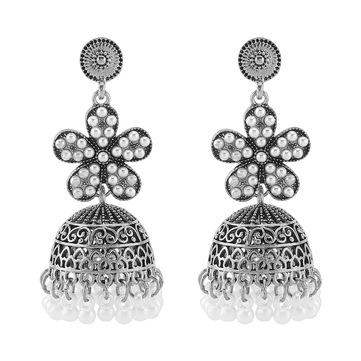 Retro Floral Rhinestone-studded Tassel Stud Earrings - Image 6