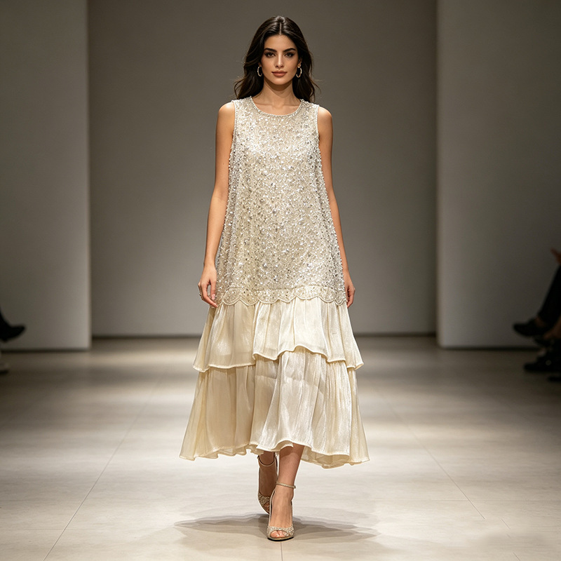 Sleeveless Beaded Layered Midi Dress - Image 2