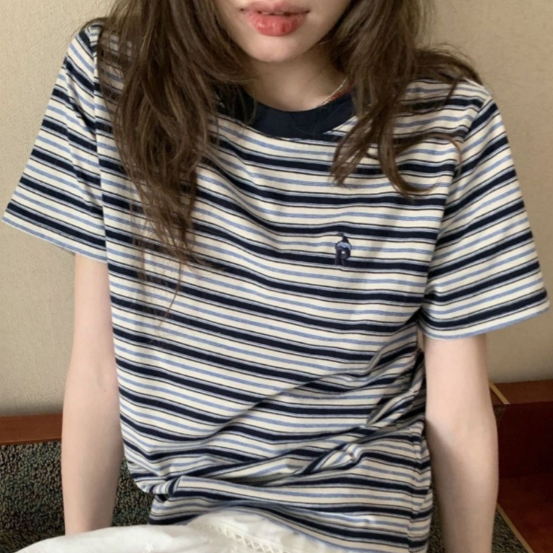 Color-block Striped Short-sleeve T-shirt For Women