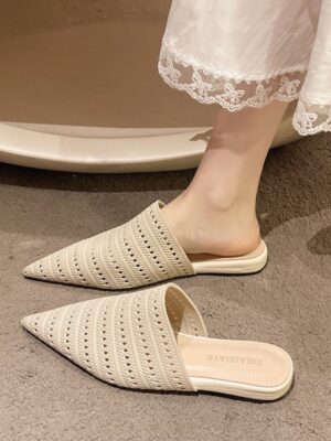 Women's Closed Toe Low Heel Outdoor Slide Slippers Spring Summer New Knit Flat Lazy Shoes Pointed Toe Mule Slippers