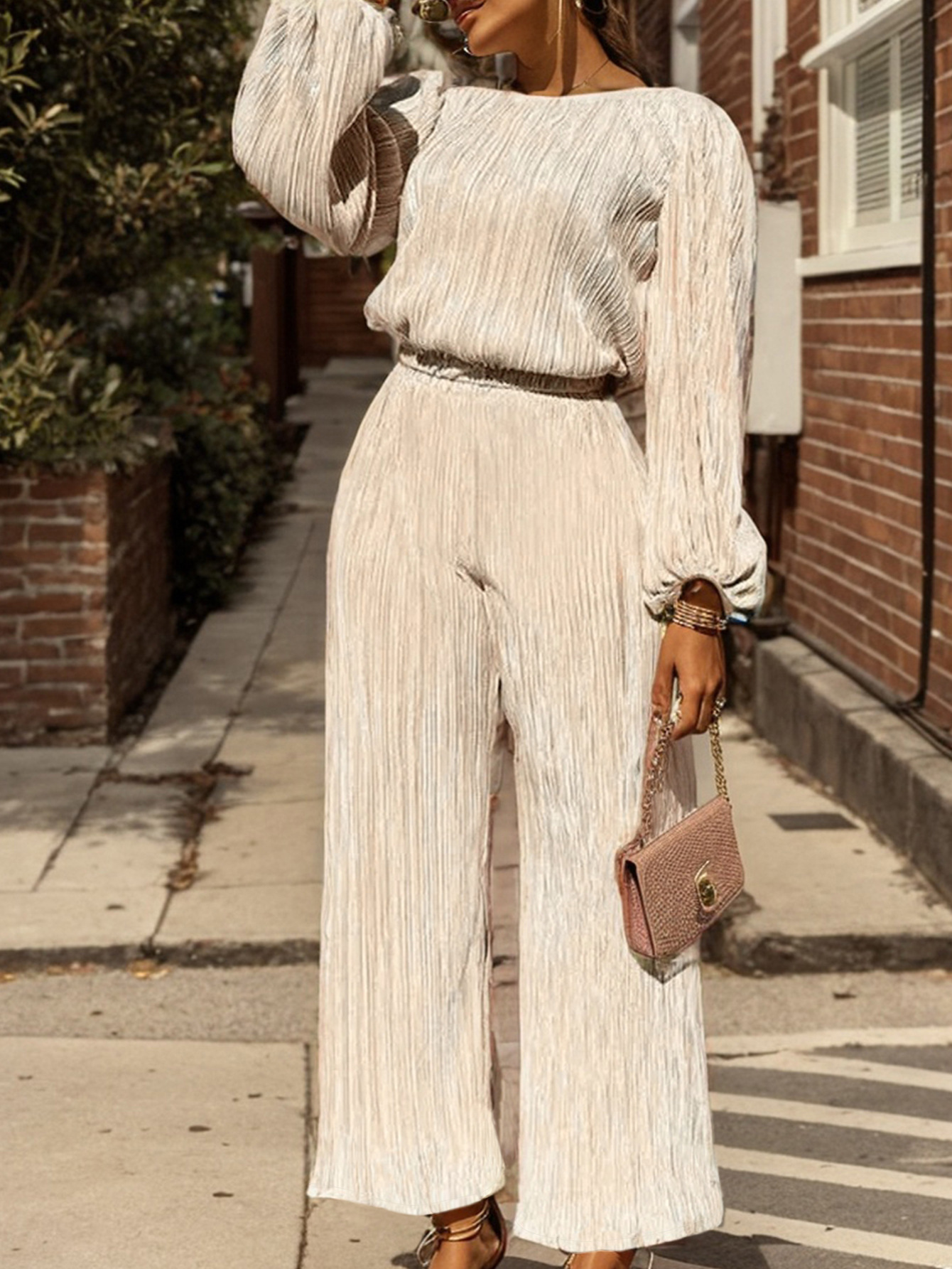 Fitted-waist Straight-leg Pants And Long-sleeve Loose Top Set - Image 5