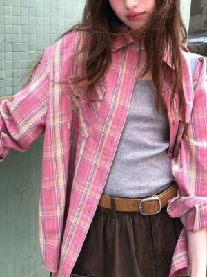 Womens Relaxed-fit Plaid Casual Blouse
