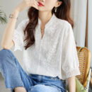 French-style Embroidered Shirt Womens Three-quarter-sleeve Summer Blouse