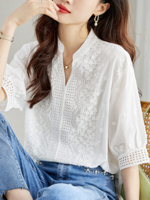 French-style Embroidered Shirt Womens Three-quarter-sleeve Summer Blouse