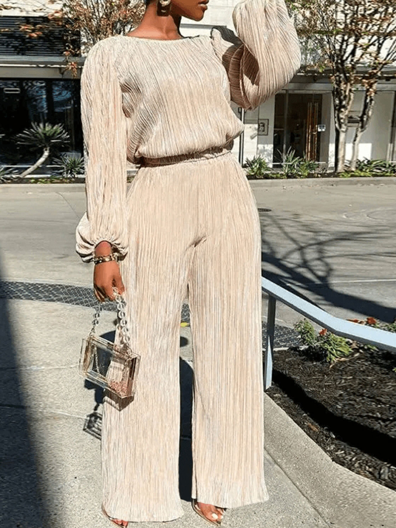 Fitted-waist Straight-leg Pants And Long-sleeve Loose Top Set - Image 3