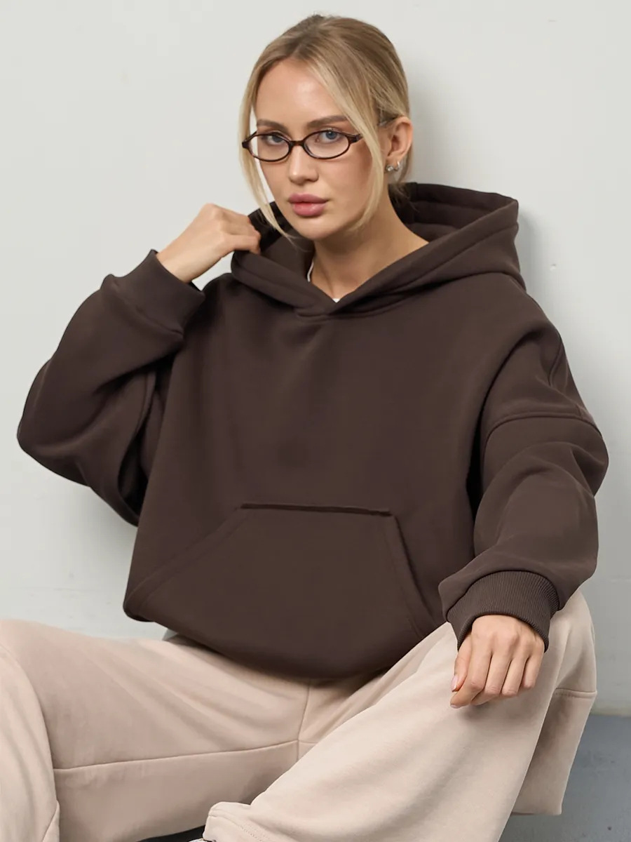 Womens Hooded Long-sleeve Cropped Pullover Hoodie With Pockets - Image 5