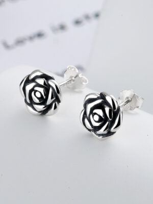 S925 Sterling Silver Vintage-Style Antique-Rose Flower Stud Earrings