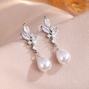 Elegant Bridal Leaf CZ Dangle Ear Studs, Teardrop Style With Simulated Pearl For Women Wedding Formal Occasion Accessories