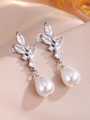 Elegant Bridal Leaf CZ Dangle Ear Studs, Teardrop Style With Simulated Pearl For Women Wedding Formal Occasion Accessories
