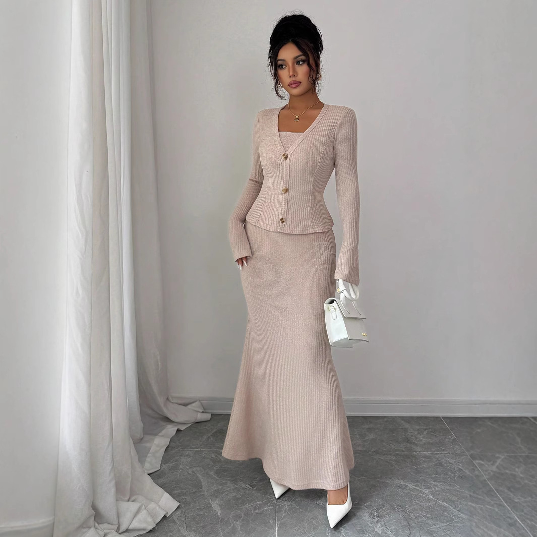 Knitted Long Skirt Sophisticated Styling Two-piece Skirt Set