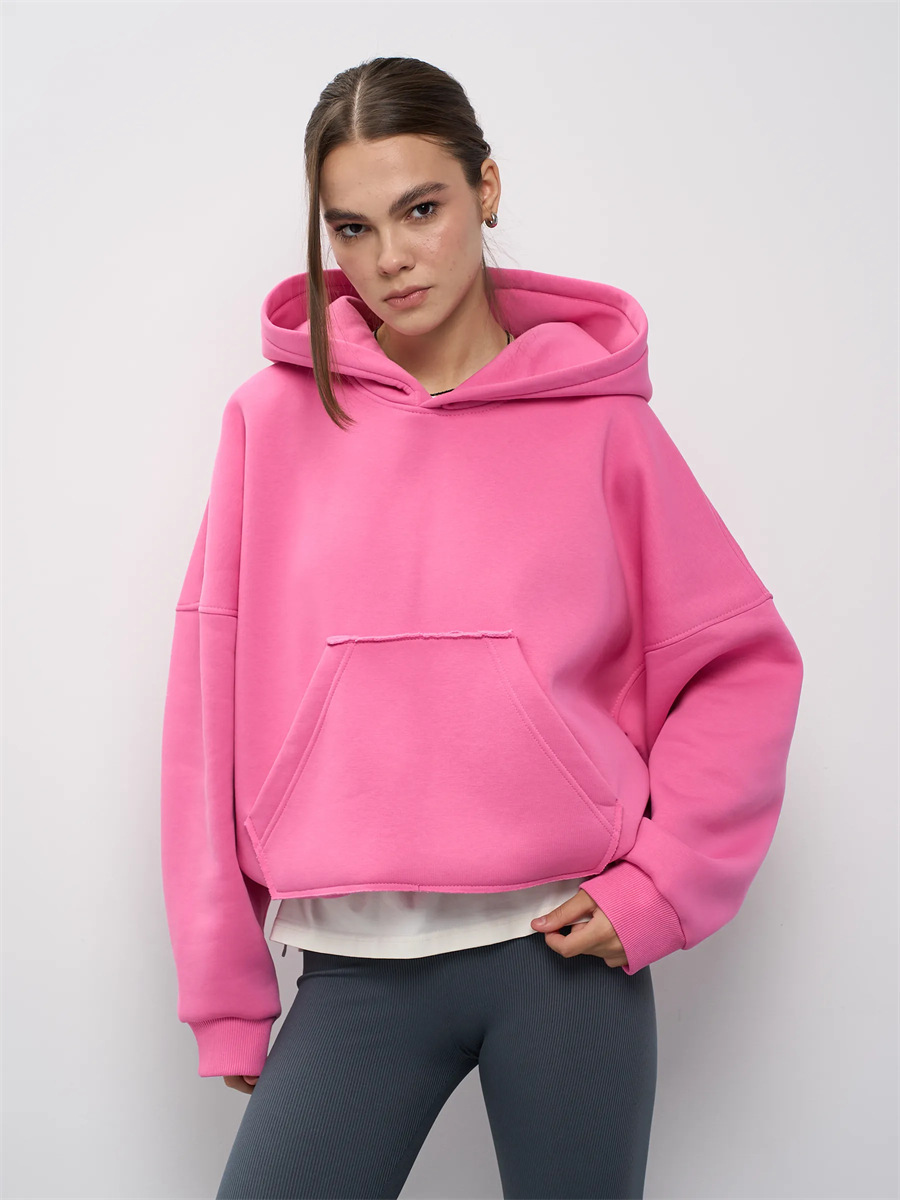 Womens Hooded Long-sleeve Cropped Pullover Hoodie With Pockets - Image 3