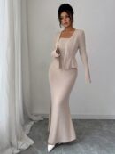 Knitted Long Skirt Sophisticated Styling Two-piece Skirt Set - Camel, S