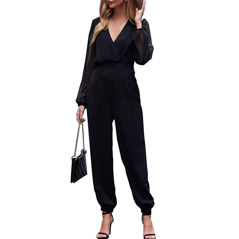 European And American Minimalist Lace Long-sleeve Black Jumpsuit - Image 2
