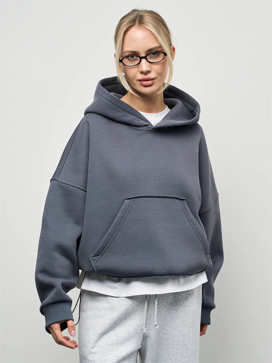 Womens Hooded Long-sleeve Cropped Pullover Hoodie With Pockets - Image 2