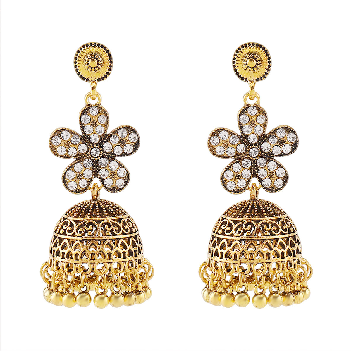 Retro Floral Rhinestone-studded Tassel Stud Earrings - Image 3