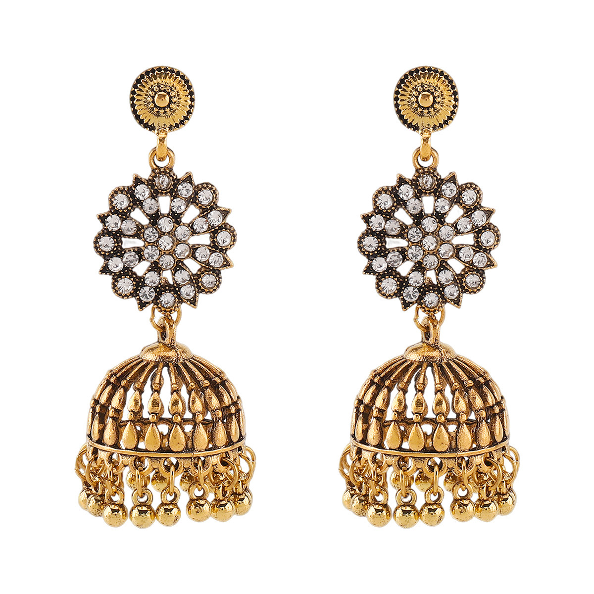 Retro Floral Rhinestone-studded Tassel Stud Earrings - Image 9