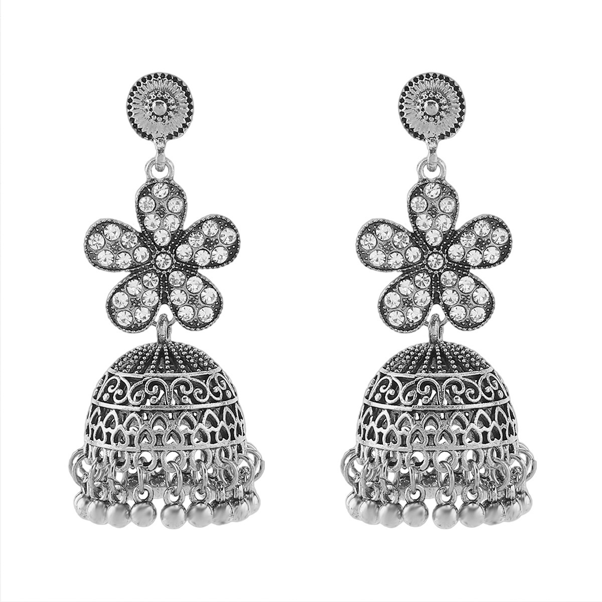 Retro Floral Rhinestone-studded Tassel Stud Earrings - Image 7