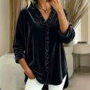 European And American V-neck Solid-color Ruffled Long Sleeves