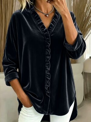 European And American V-neck Solid-color Ruffled Long Sleeves