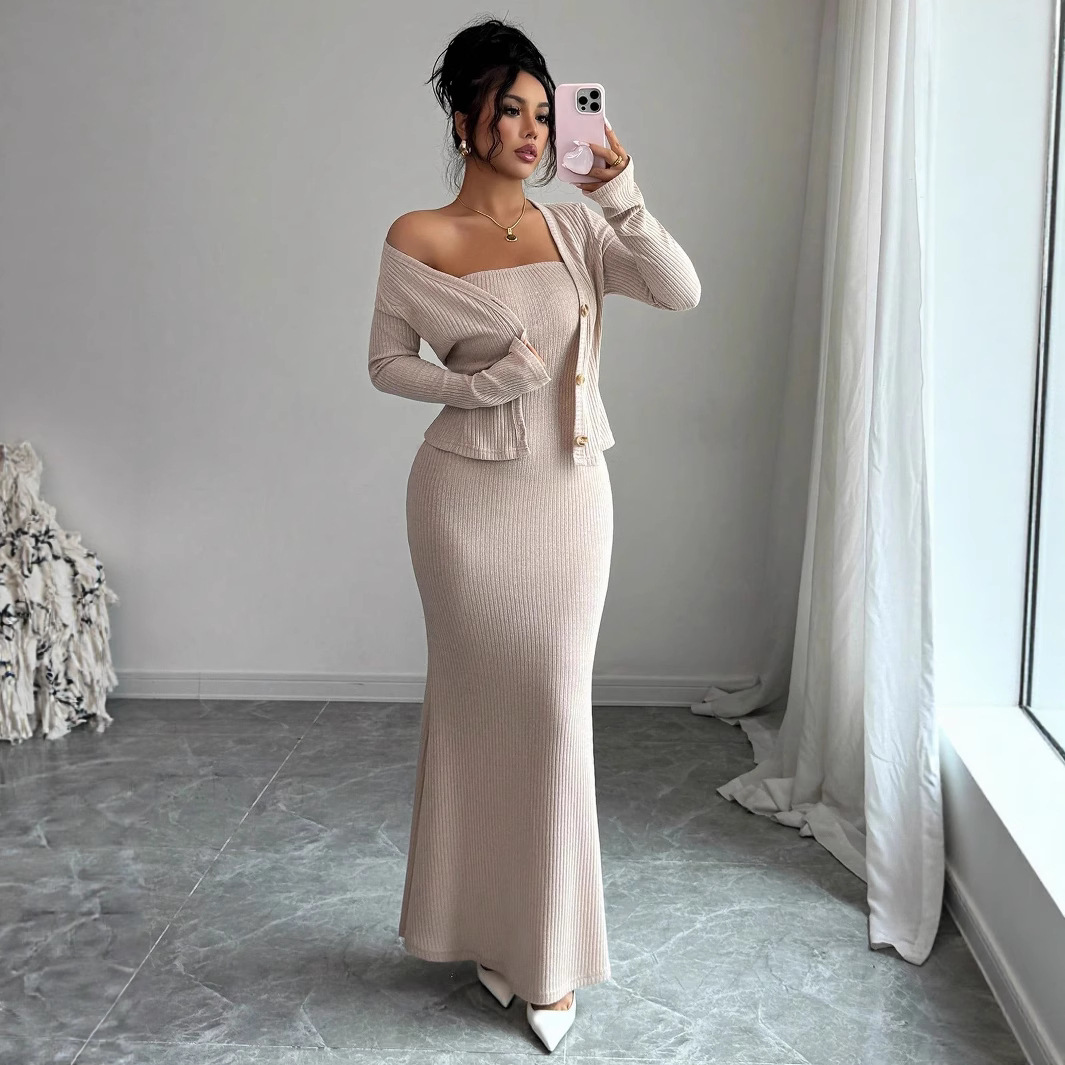 Knitted Long Skirt Sophisticated Styling Two-piece Skirt Set - Image 5