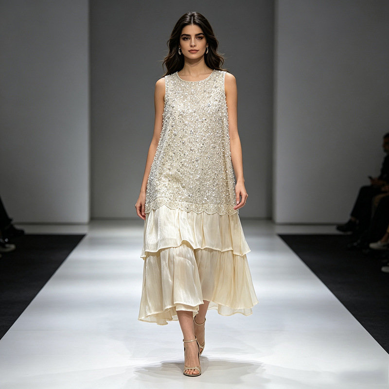 Sleeveless Beaded Layered Midi Dress