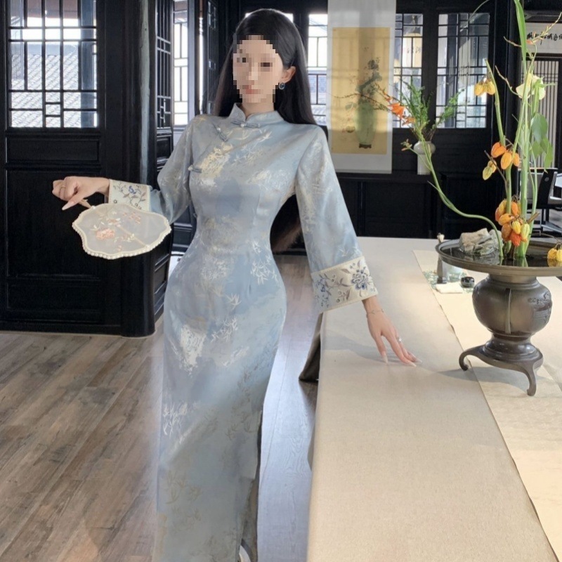 New Chinese Style Blue Bamboo Print Slim Fit Cheongsam - Large Sleeve Mandarin Collar Vintage Dress - Image 3