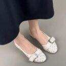 Women Polka Dot Mary Jane Flats Bow Buckle Strap Round Toe Soft Leather Slip On Flat Pumps Vintage Retro Daily Office Casual Dress Shoes