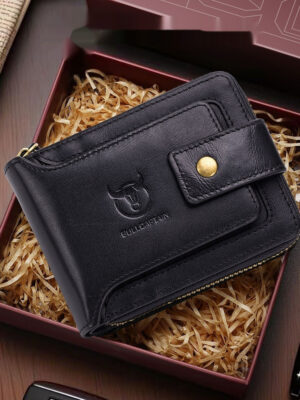 Genuine Leather Mens Multifunctional Short Zipper Wallet