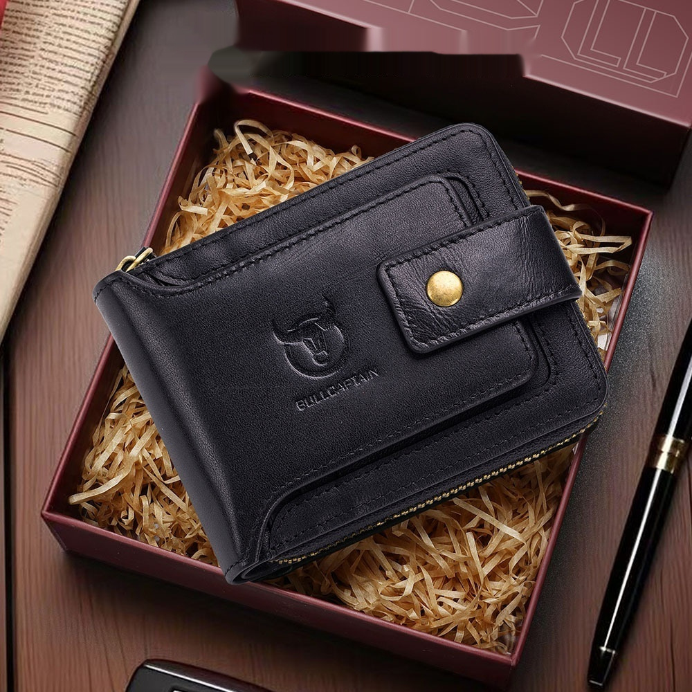 Genuine Leather Mens Multifunctional Short Zipper Wallet