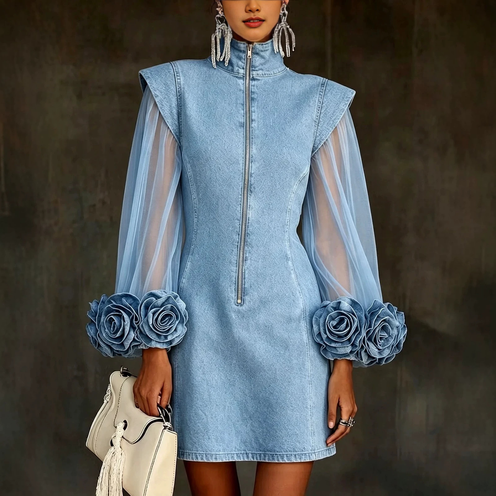 Mesh Panel Denim Floral Dress - Women's Casual Short Sleeve Summer Midi Dress with Splicing Design - Image 3