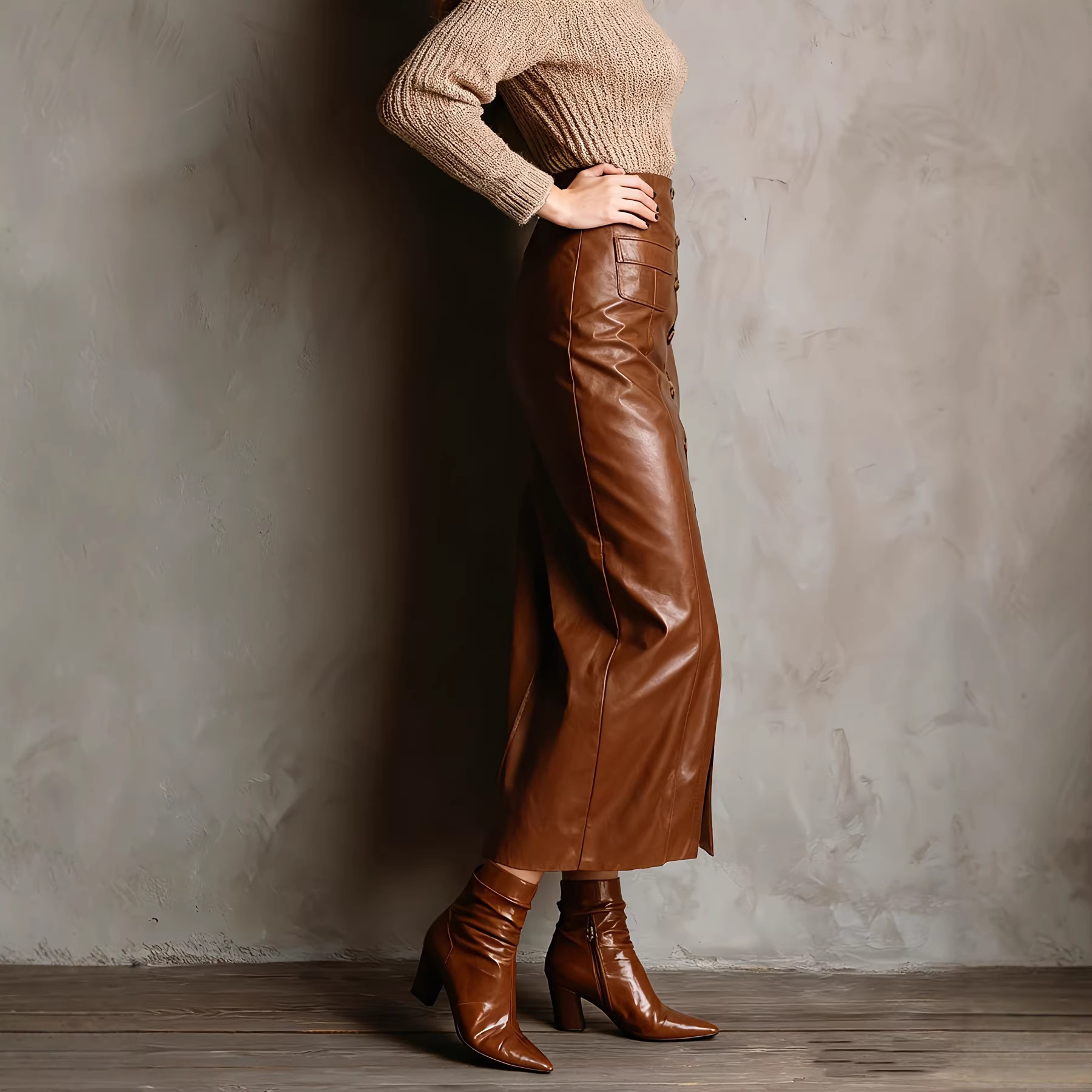 Button-front Slit High-waisted Long Sheath Skirt - Image 5