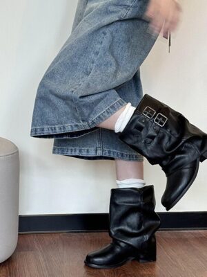 Genuine Leather Black Chunky-sole Ankle Boots