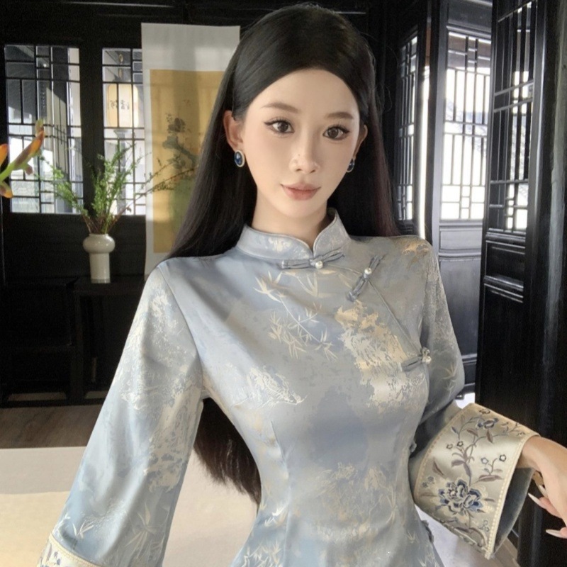 New Chinese Style Blue Bamboo Print Slim Fit Cheongsam - Large Sleeve Mandarin Collar Vintage Dress - Image 5