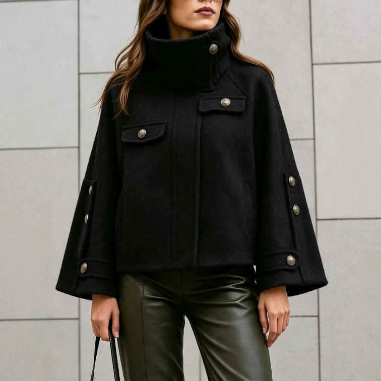Women's Versatile Loose-fitting Short Wool Coat With A Stand-up Collar