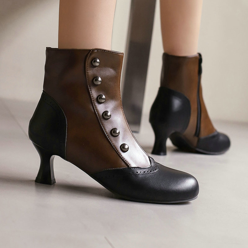 Color-block Block-heeled Ankle Boots With Side Zippers - Image 8