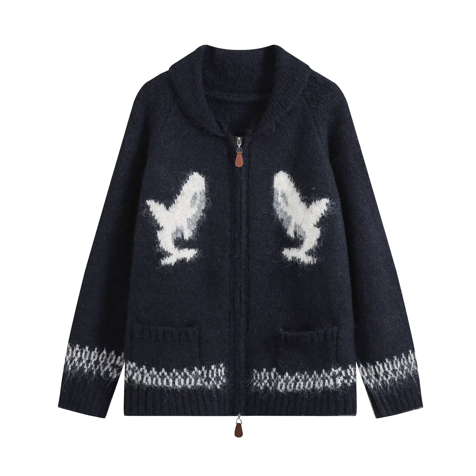 Fashionable Two-Way Zipper Shark Jacquard Embroidered Knit Cardigan - Image 6