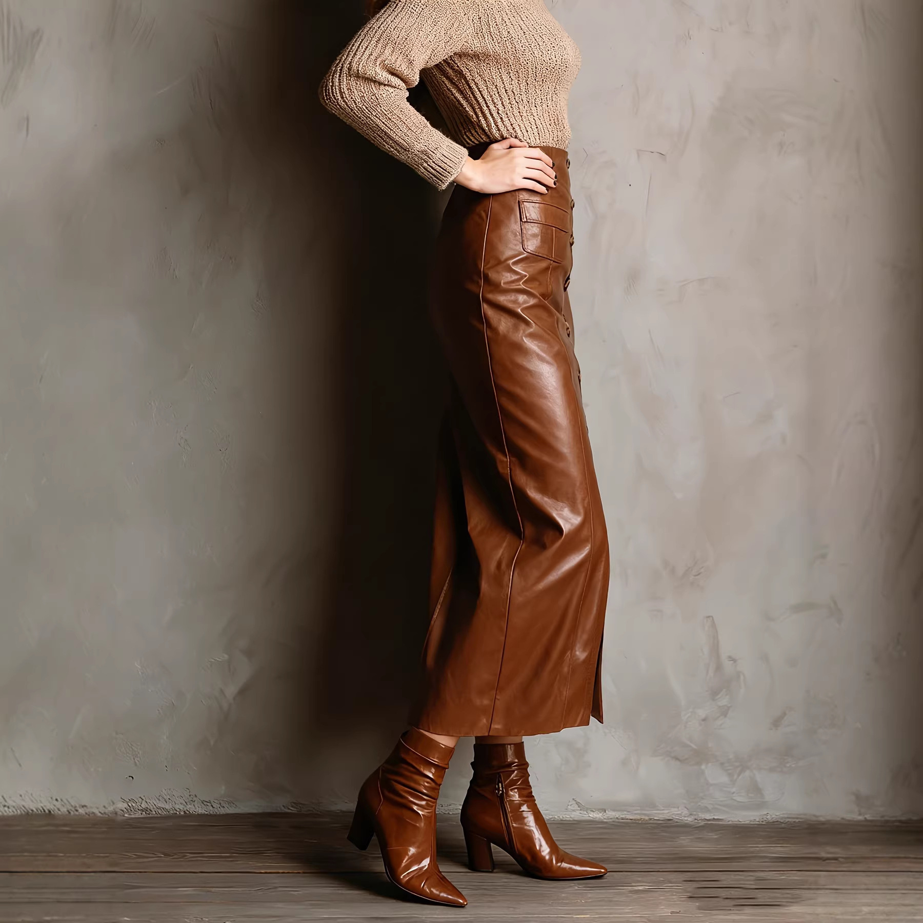 Button-front Slit High-waisted Long Sheath Skirt - Image 2