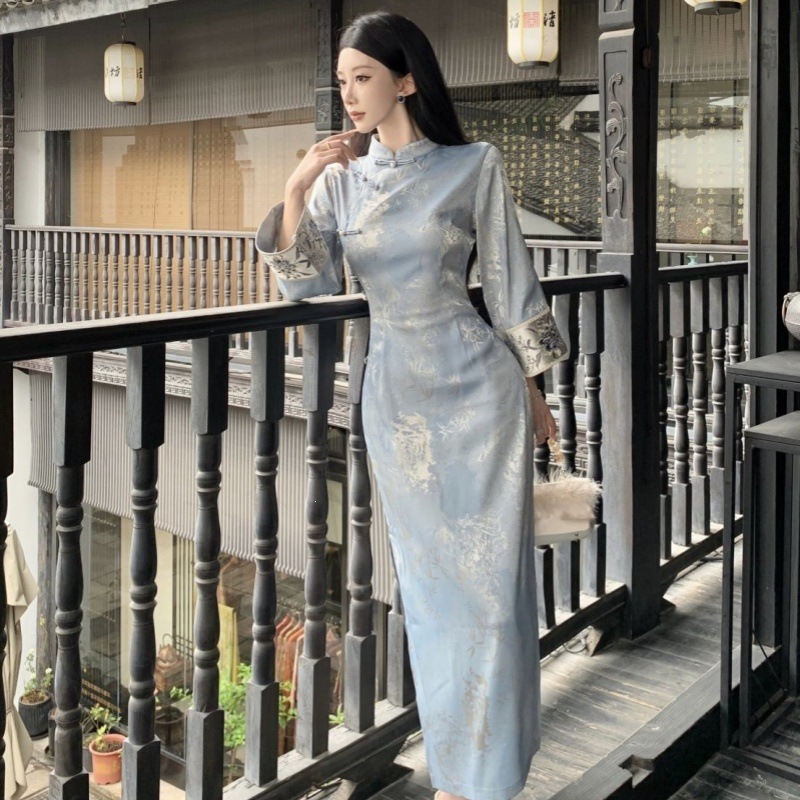 New Chinese Style Blue Bamboo Print Slim Fit Cheongsam - Large Sleeve Mandarin Collar Vintage Dress - Image 4