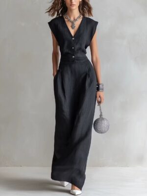 V-neck Sleeveless Cotton-linen Blend Single-breasted Dress